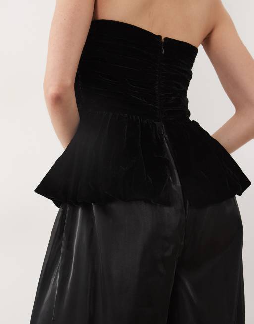 ASOS DESIGN velvet bandeau jumpsuit with chiffon balloon pants in black, 3 of 4