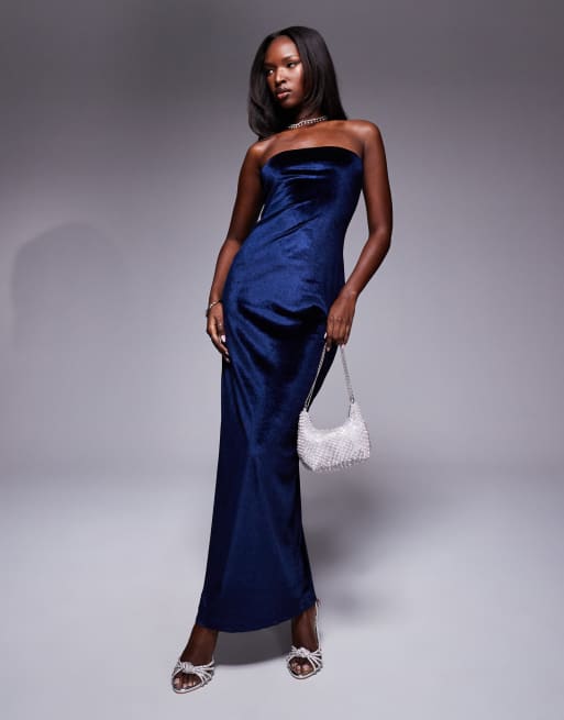 ASOS DESIGN velvet bandeau maxi dress in petrol blue, 2 of 4