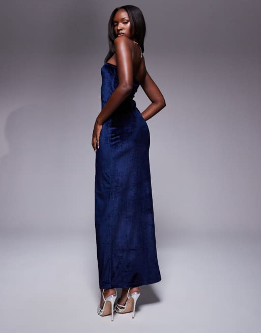 ASOS DESIGN velvet bandeau maxi dress in petrol blue, 3 of 4