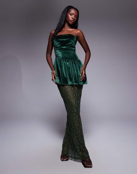 ASOS DESIGN velvet bandeau peplum midi dress with lace skirt in green - view 1