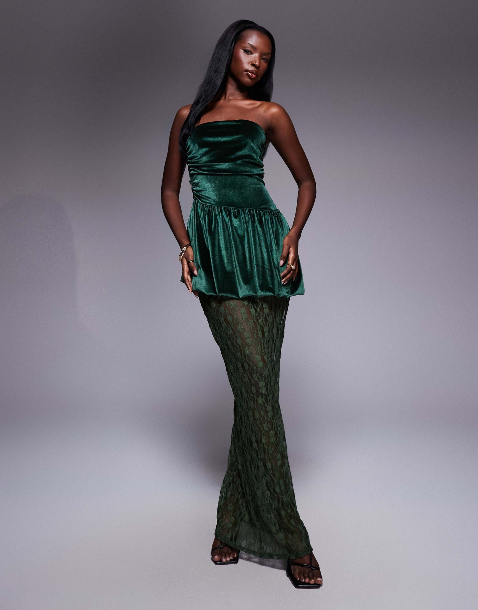 asos design velvet bandeau peplum midi dress with lace skirt in green