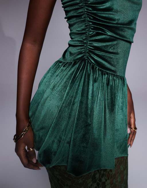 ASOS DESIGN velvet bandeau peplum midi dress with lace skirt in green
