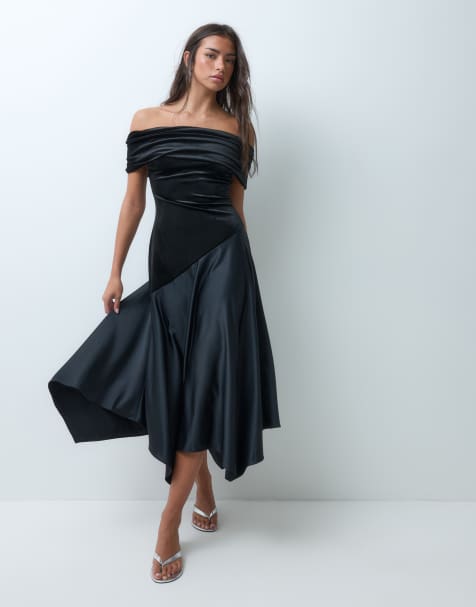 ASOS DESIGN velvet bardot midi dress with asymmetric satin skirt in black - view 1