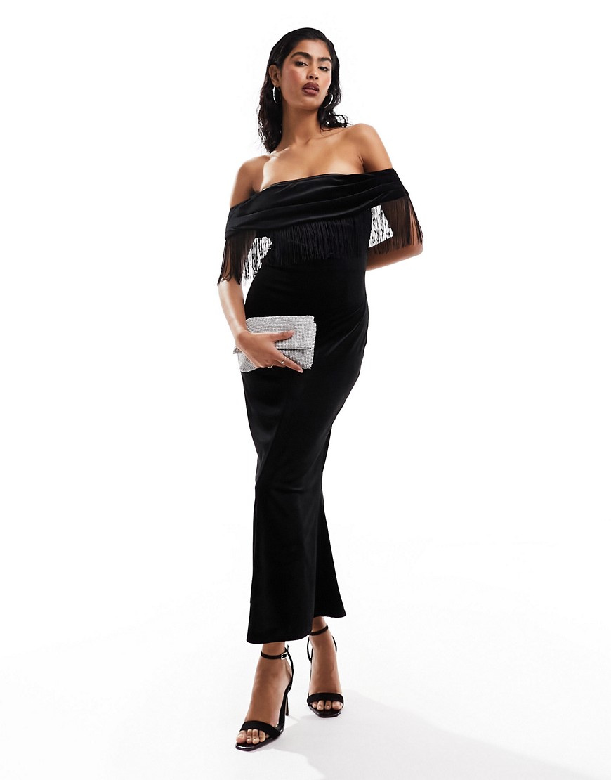 ASOS DESIGN velvet bardot midi dress with drape bodice and fringe trim in black