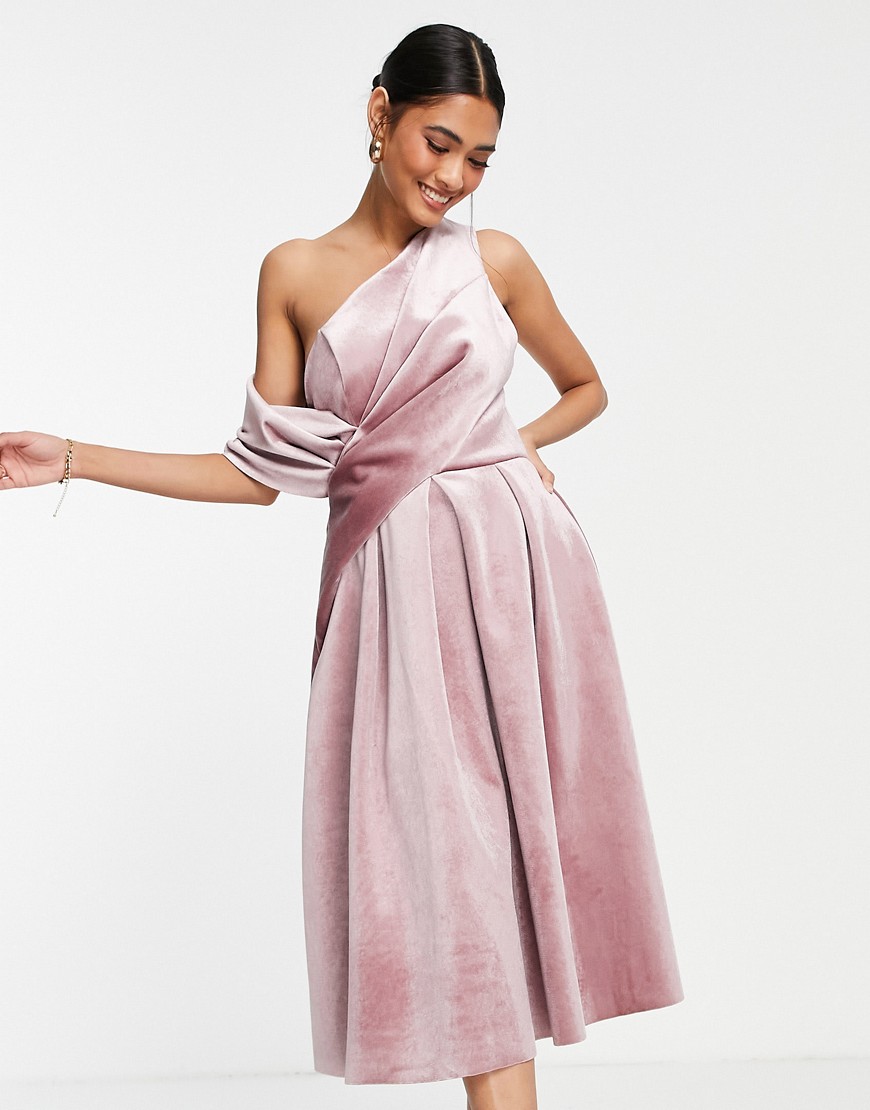 ASOS DESIGN velvet bare shoulder prom midi dress in rose pink-Green
