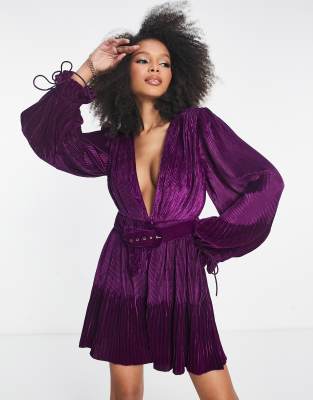 Asos Design Velvet Belted Mini Dress With Kimono Sleeve In Purple-pink