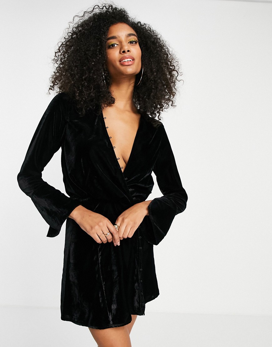 ASOS DESIGN velvet bias cut drape mini dress with button detail in black