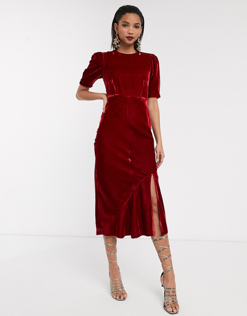 ASOS DESIGN velvet bias midi dress with puff sleeves-Red