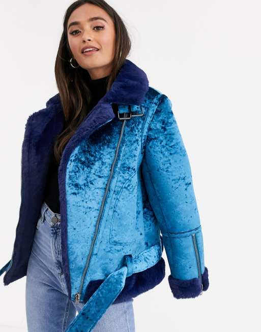 ASOS DESIGN velvet biker jacket in blue | ASOS