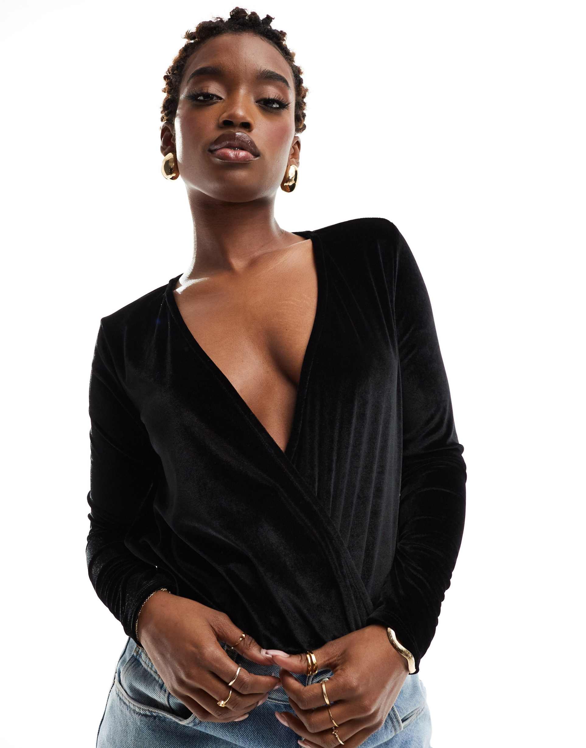 asos design velvet blouson sleeve v-neck bodysuit in black