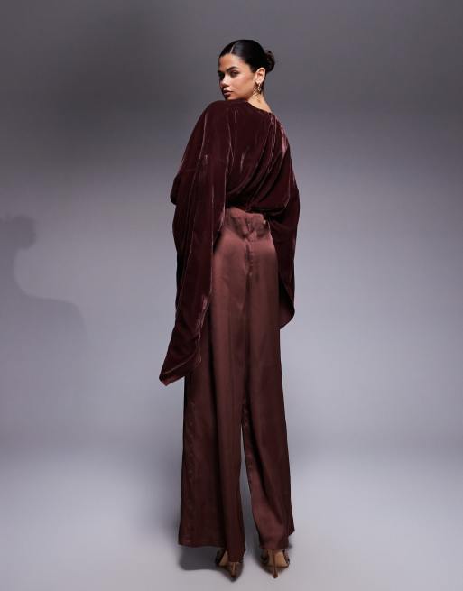 ASOS DESIGN velvet bodice satin wide leg jumpsuit in chocolate, 2 of 4