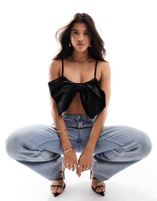 Black Satin Cami Tie Front Crop Top, Tops