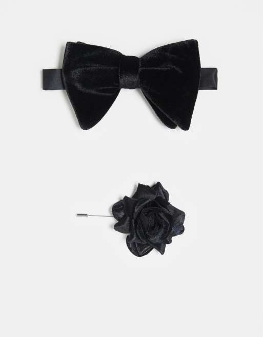  ASOS DESIGN velvet bow tie in black with flower pin