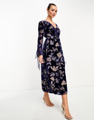 Asos Design Velvet Burn Out Maxi Dress In Blue Floral Burnout-multi