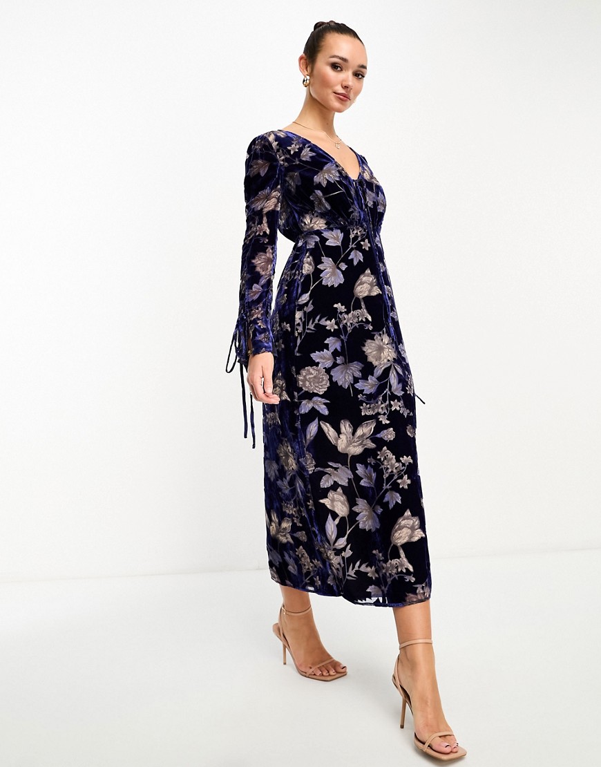 Asos Design Velvet Burn Out Maxi Dress In Blue Floral Burnout-multi