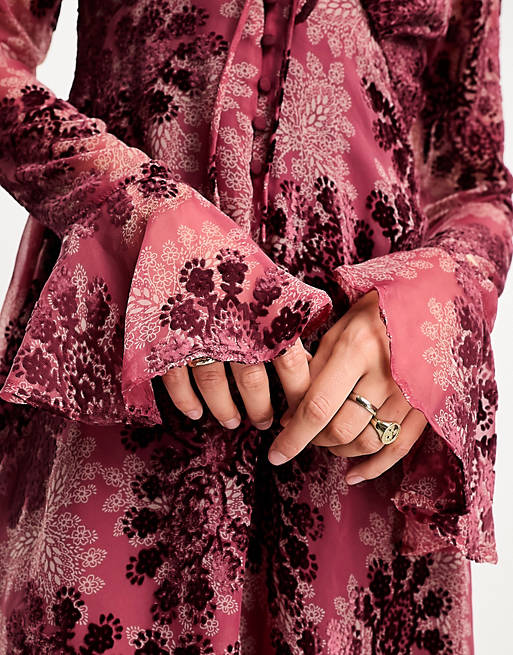 ASOS DESIGN velvet burnout hi low hem midi dress in pink paisley print