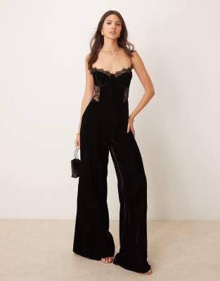 Asos Design Velvet Cami Jumpsuit With Lace Insert In Black