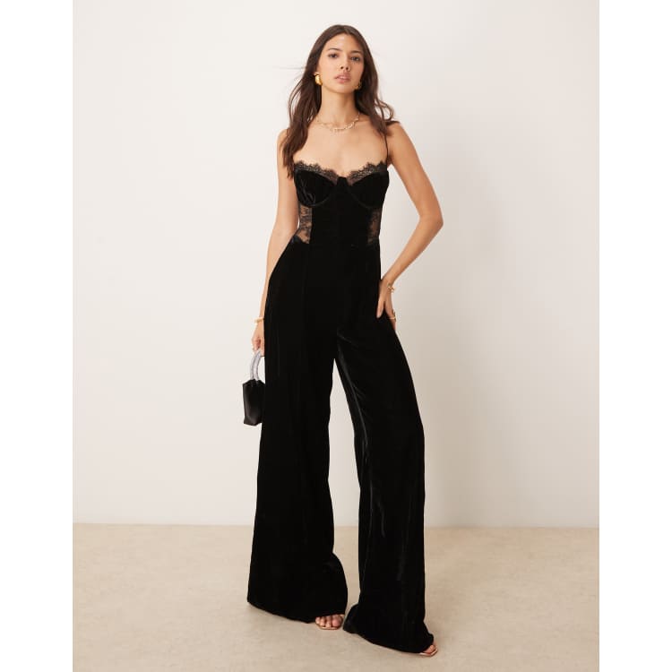 ASOS DESIGN velvet cami jumpsuit with lace insert in black | ASOS