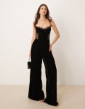 [ASOS DESIGN] ASOS DESIGN velvet cami jumpsuit with lace insert in black 16 BLACK