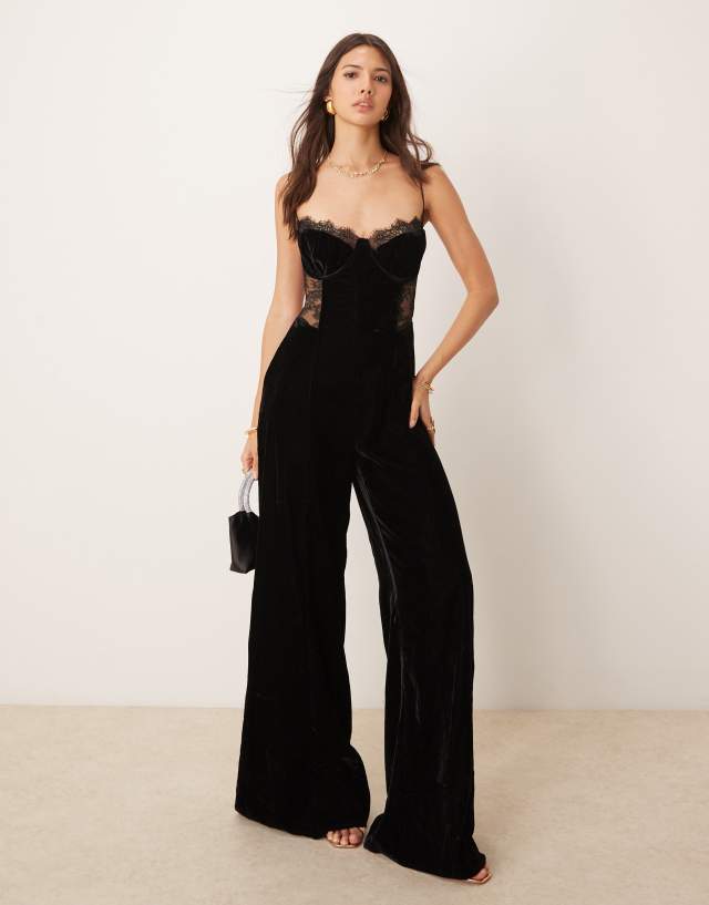 ASOS DESIGN velvet cami jumpsuit with lace insert in black | ASOS