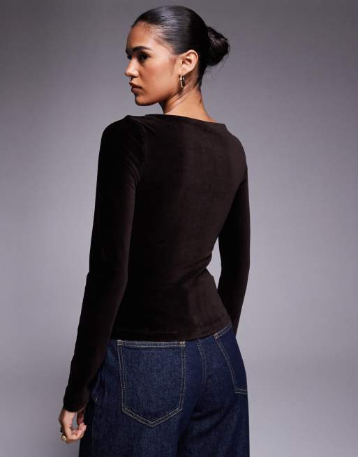 ASOS DESIGN velvet cord button through co ord top in brown, 4 of 4