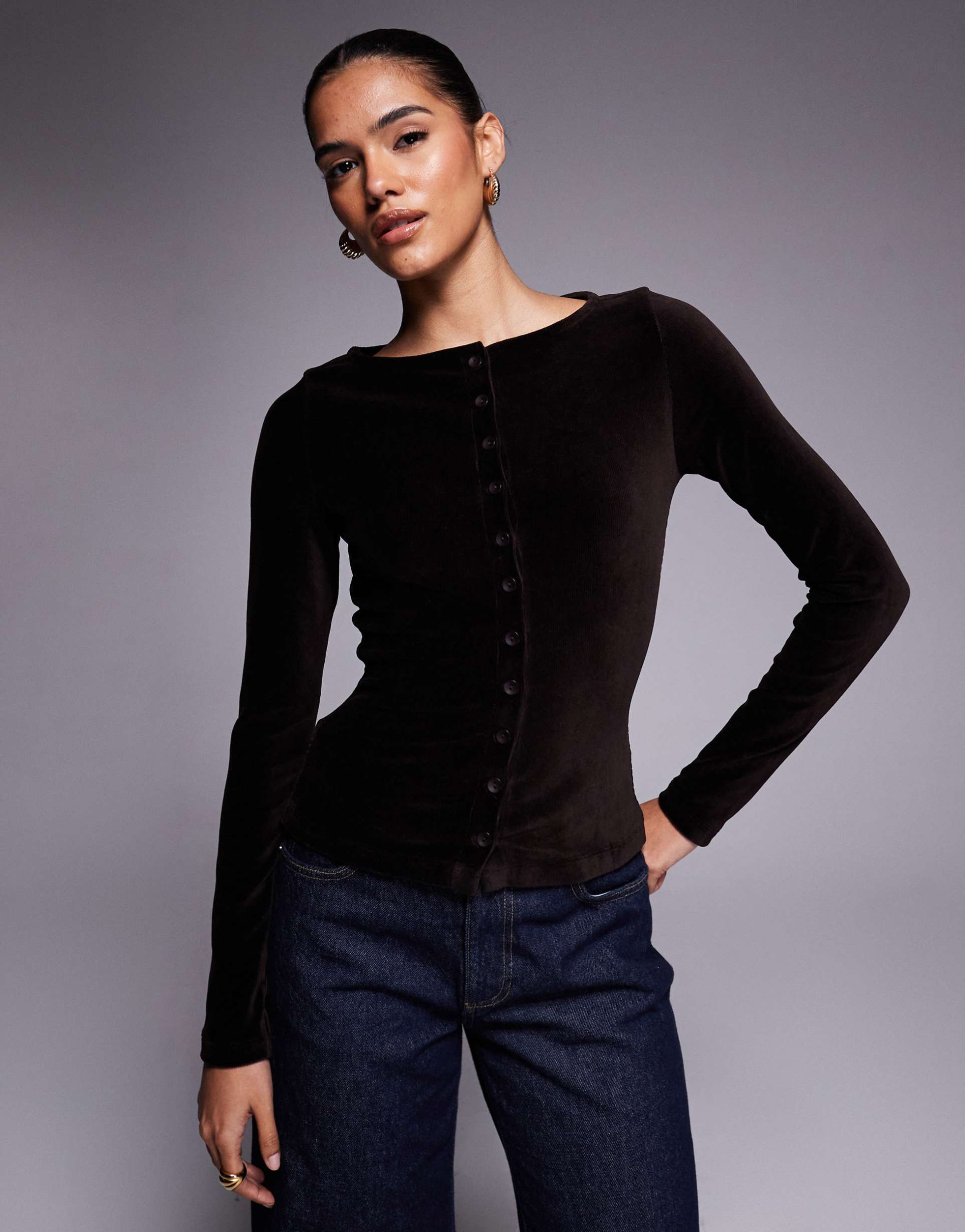 asos design velvet cord button through top in brown - part of a set