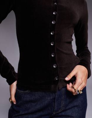 Asos Design Velvet Cord Button Through Top In Brown