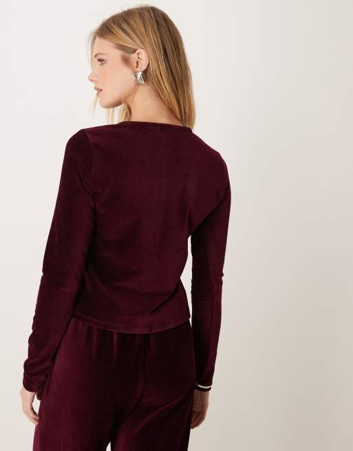 ASOS DESIGN velvet cord cardigan in burgundy, 4 of 4