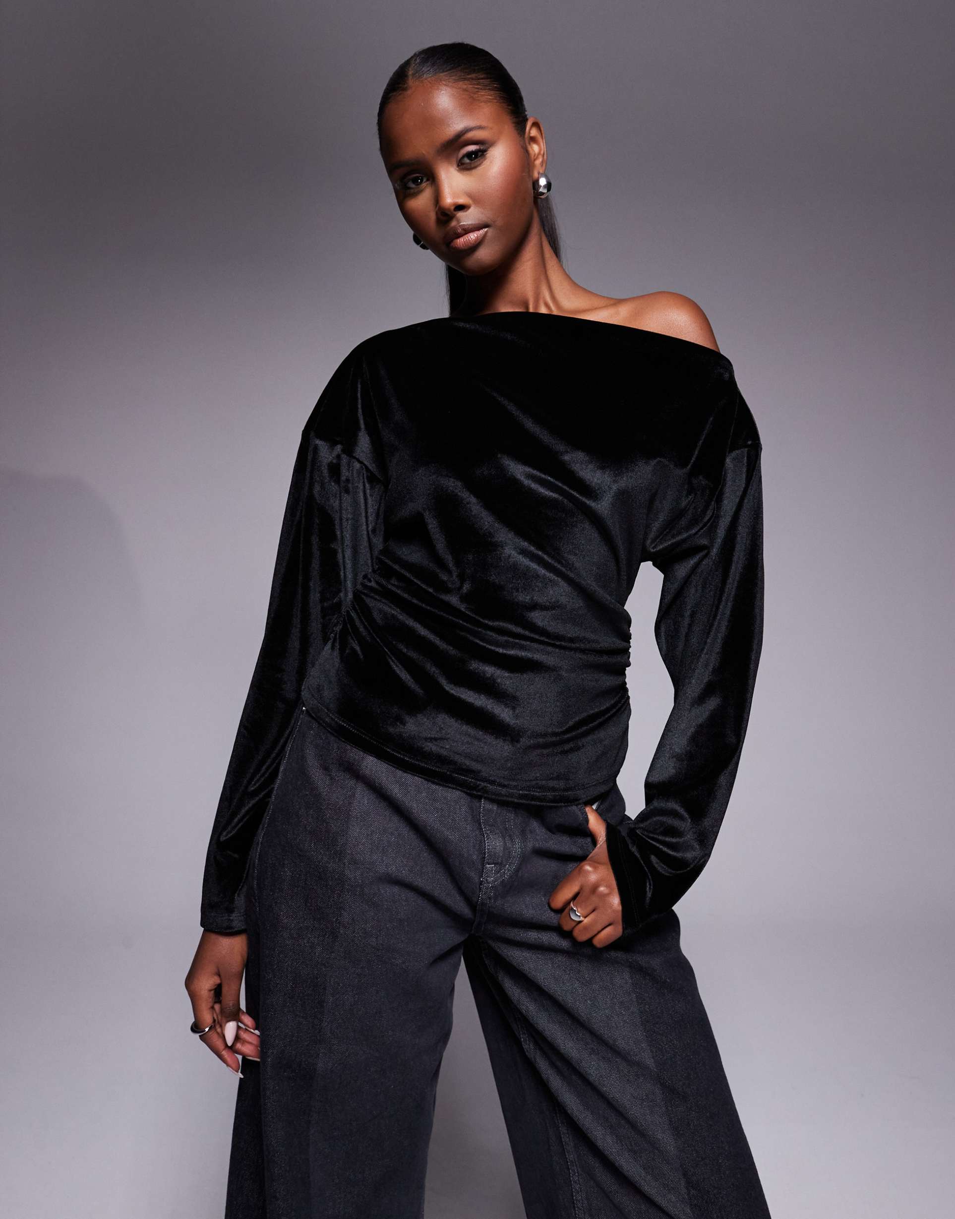 asos design velvet cord cinched off shoulder top in black