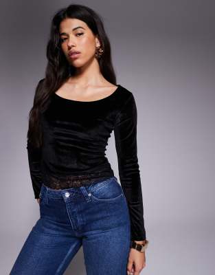Asos Design Velvet Cord Scoop Neck Top With Lace Trim Hem Detail In Black