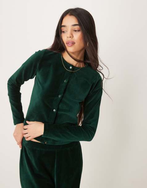 ASOS DESIGN velvet cord shrunken cardigan co ord in forest green