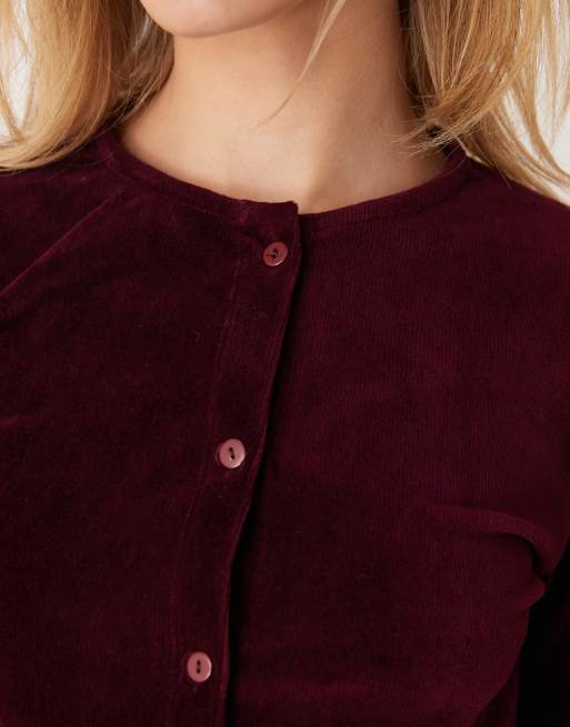 ASOS DESIGN velvet corduroy cardigan in burgundy, 3 of 4
