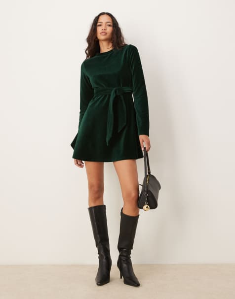 ASOS DESIGN velvet corduroy mini tie dress with fluted sleeves in forest green - view 1
