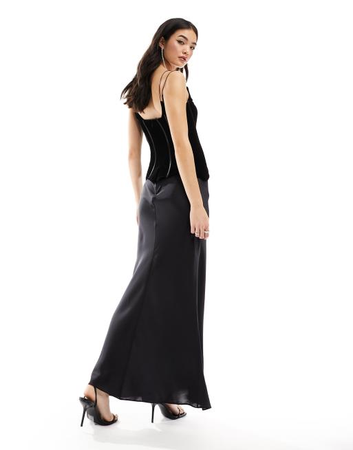 Off the Shoulder Corset Detail Gown in Black Double Faced Wool