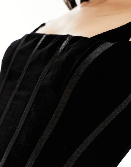asos velvet corset dress ASOS DESIGN velvet corset fallen shoulder mini dress with embellished skirt  in black