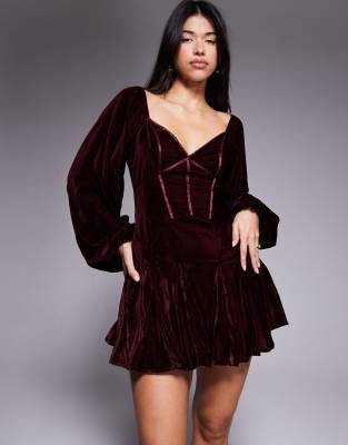 ASOS DESIGN velvet corset detail blouson sleeve mini dress in burgundy-Red