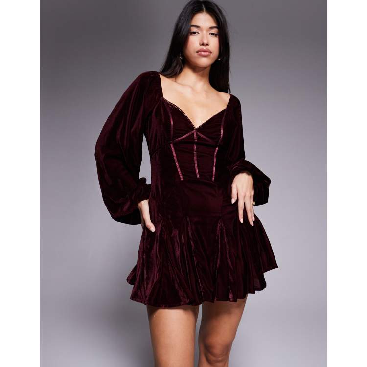ASOS DESIGN velvet corset detail blouson sleeve mini dress in burgundy |  ASOS