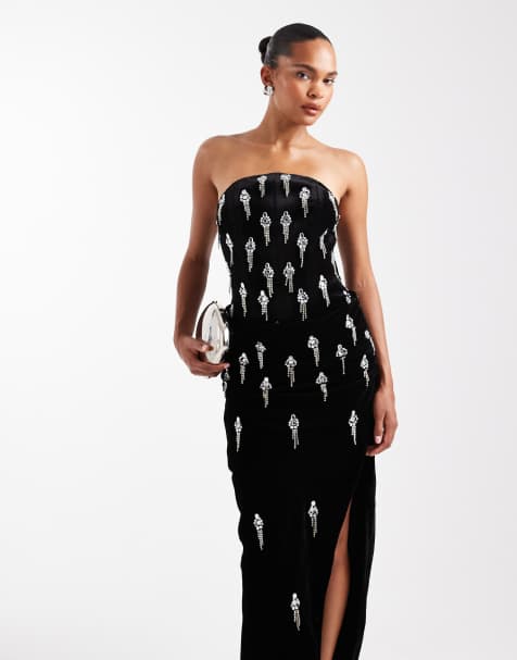 ASOS DESIGN velvet corset embellished maxi dress with draped skirt overlay in black - view 1