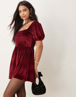 asos design velvet corset seam detail mini dress in burgundy