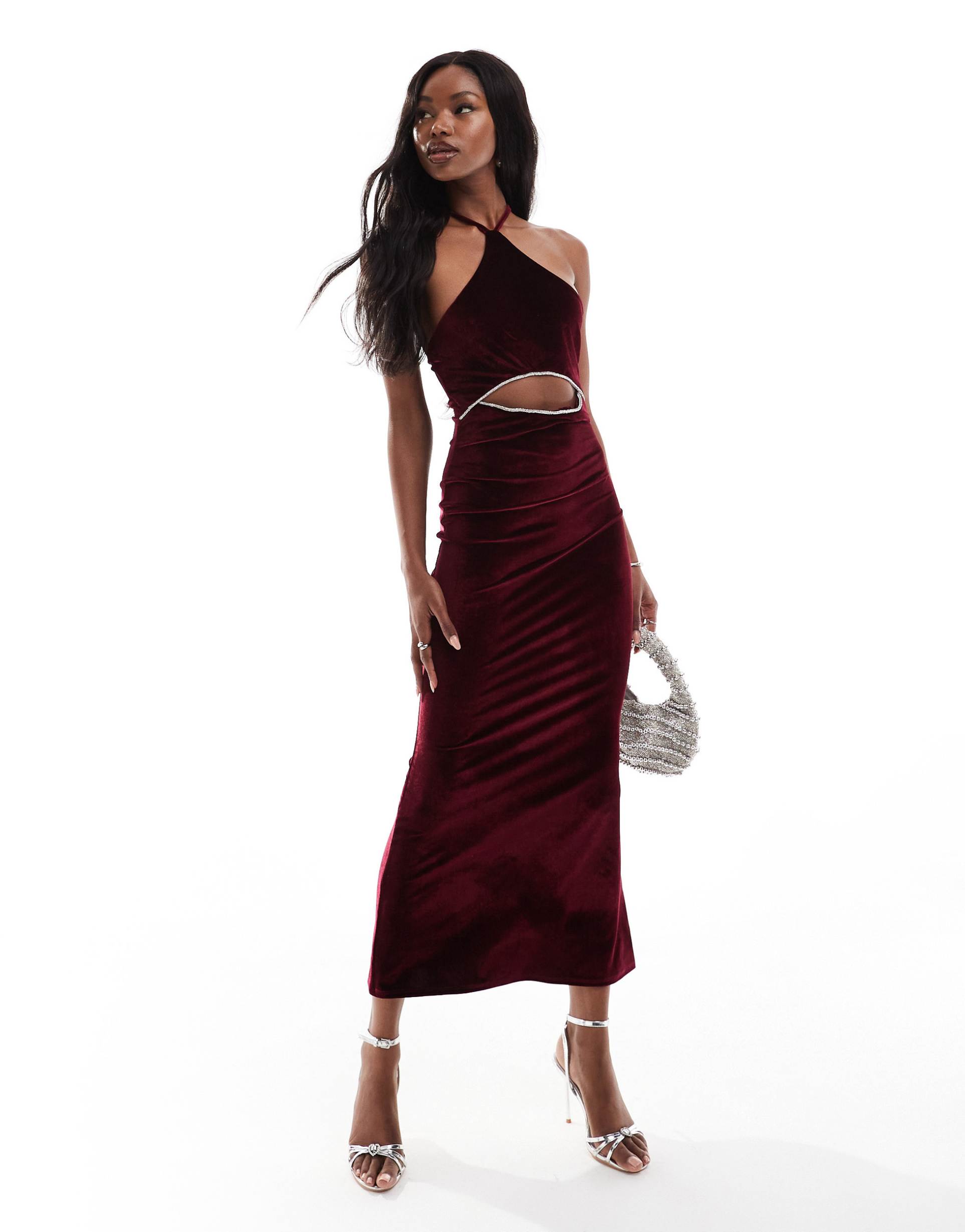 asos design velvet cross strap halter midi dress with diamante trim in burgundy