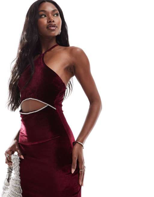 ASOS DESIGN velvet cross strap halter midi dress with diamante trim in burgundy