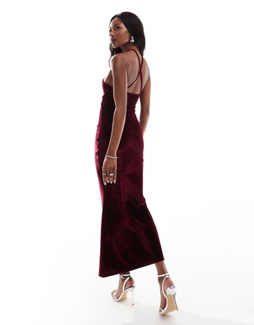 ASOS DESIGN velvet cross strap halter midi dress with diamante trim in burgundy