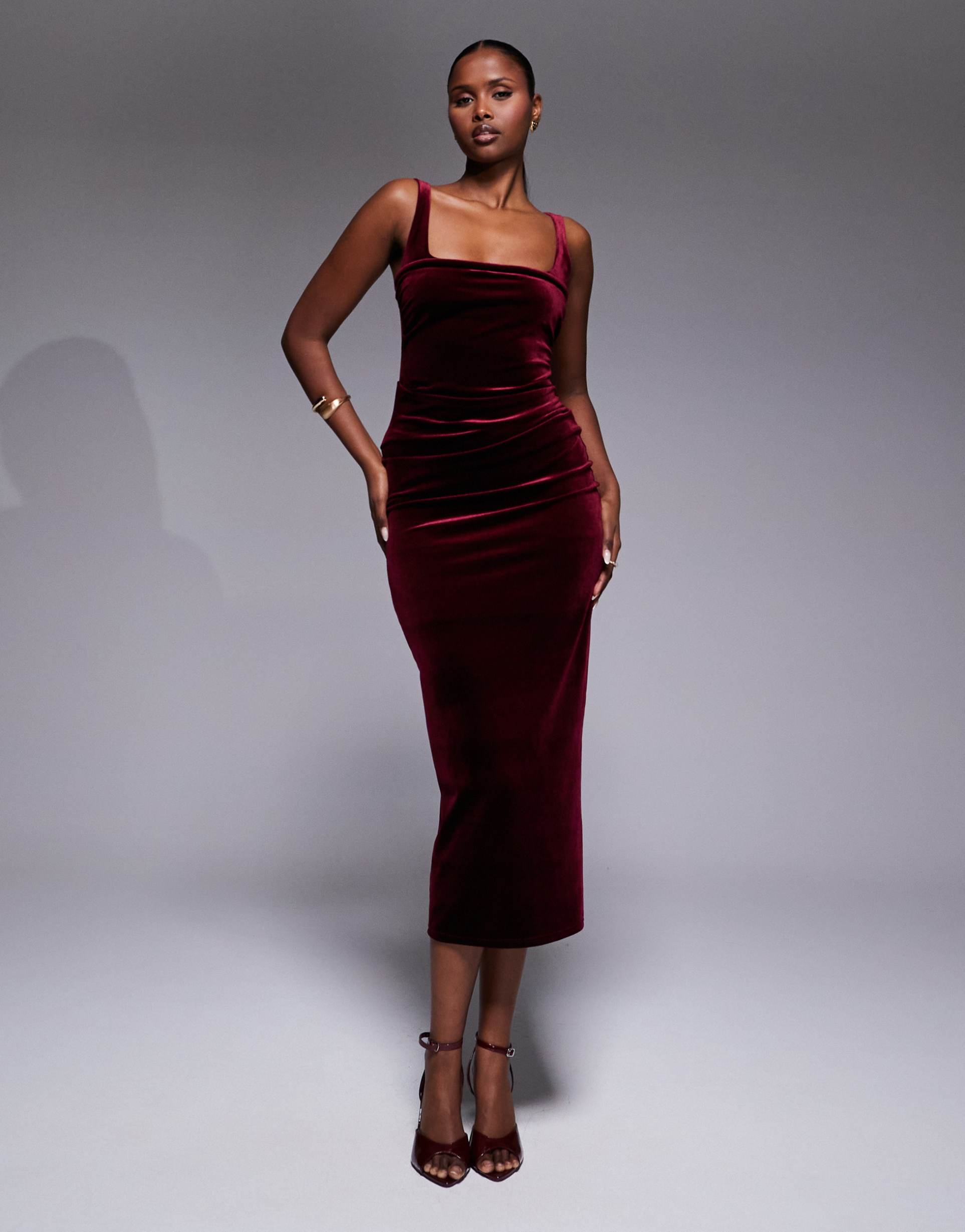 asos design velvet curved neckline midi dress in berry red