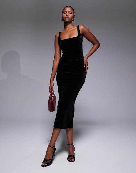 ASOS DESIGN velvet curved neckline midi dress with split in black - view 1