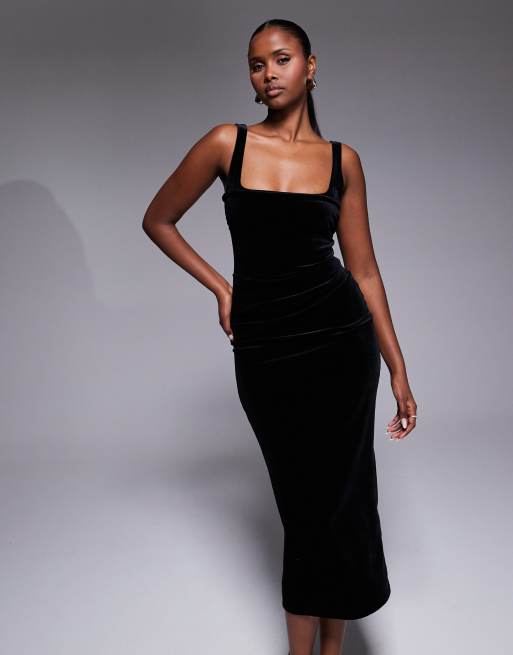 ASOS DESIGN velvet curved neckline midi dress with split in black