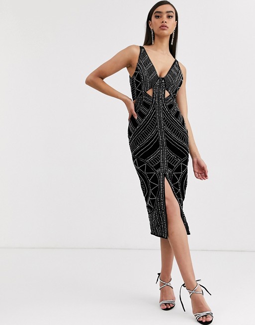 ASOS DESIGN velvet cut out midi pencil dress with stud embellishment