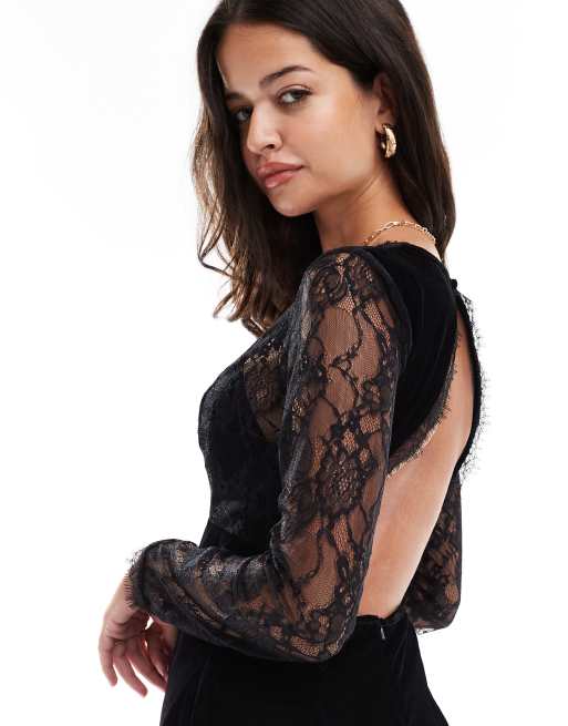 ASOS DESIGN velvet cut out waist mini dress with lace detail in black | ASOS