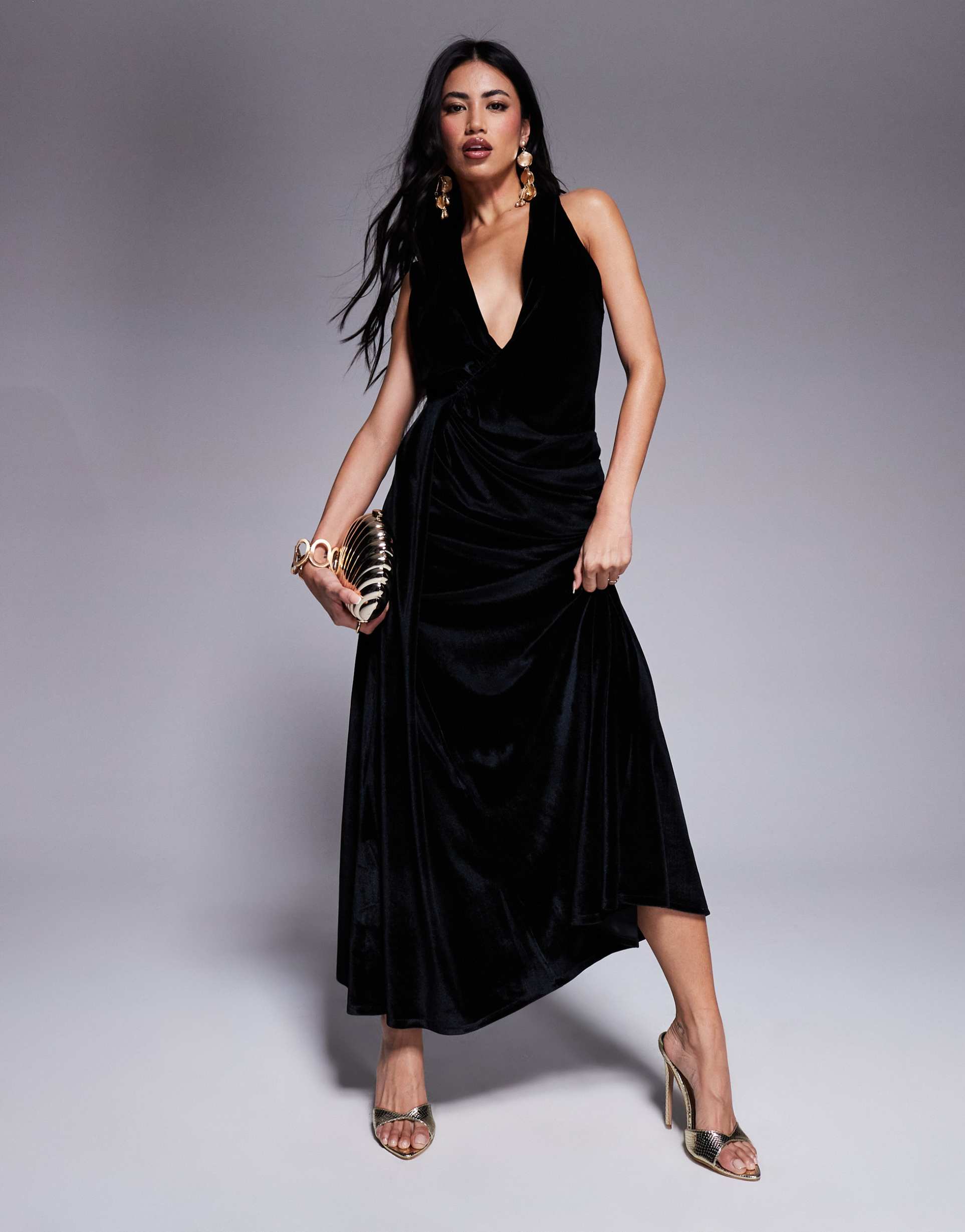 asos design velvet deep plunge midi dress with draped sash detail in black