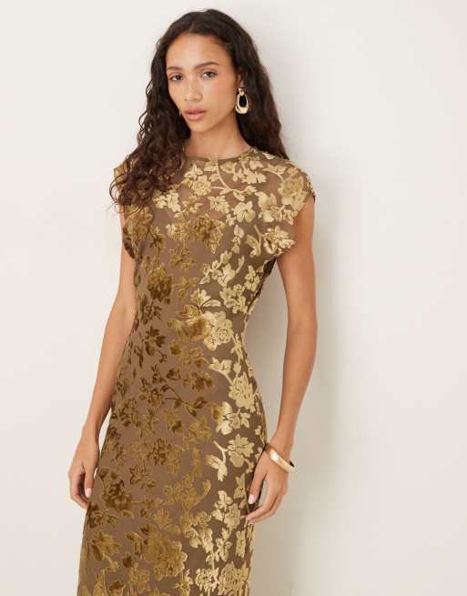 ASOS DESIGN velvet devore crew neck sleeveless maxi dress with tie back in mocha