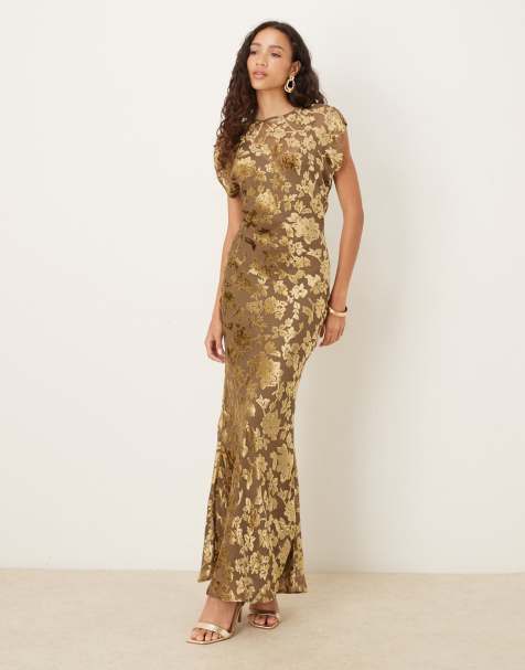 ASOS DESIGN velvet devore crew neck sleeveless maxi with tie back in mocha - view 1